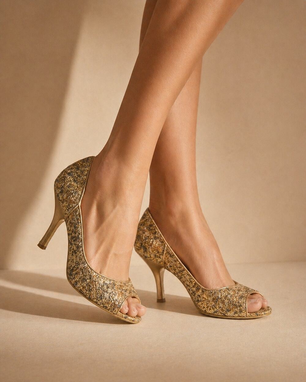 ENZO ANGIOLINI Womens Gold Glitter Peep Toe Pumps Heels Size 6